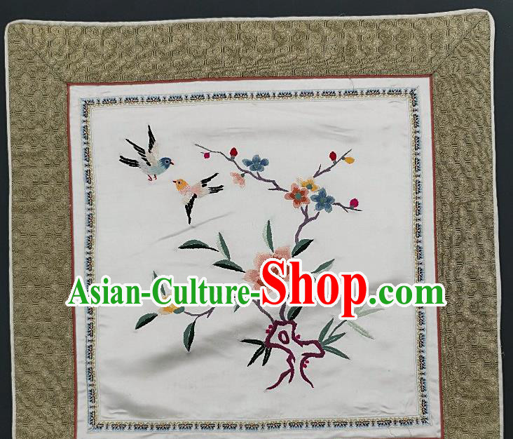 Traditional Chinese Embroidered Plum Fabric Patches Handmade Embroidery Craft Accessories Embroidering Peony Bird White Silk Cushion Applique