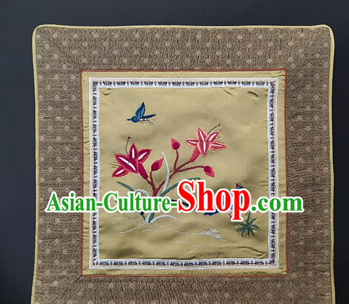 Traditional Chinese Embroidered Red Orchid Fabric Patches Handmade Embroidery Craft Accessories Embroidering Bird Yellow Silk Cushion Applique