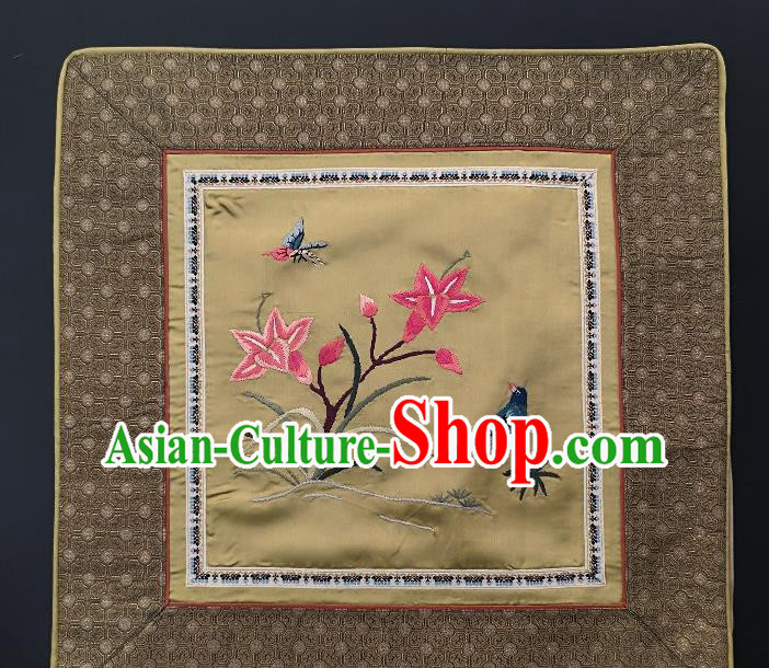 Traditional Chinese Embroidered Pink Orchid Fabric Patches Handmade Embroidery Craft Accessories Embroidering Bird Yellow Silk Cushion Applique