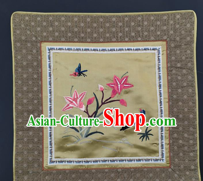 Traditional Chinese Embroidered Orchid Bird Fabric Patches Handmade Embroidery Craft Accessories Embroidering Yellow Silk Cushion Applique