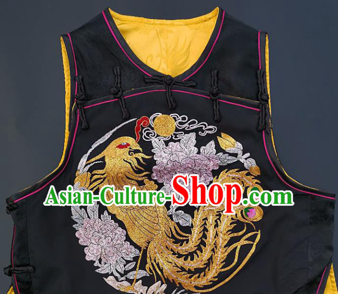 Chinese Traditional Embroidered Phoenix Peony Vest Handmade Embroidery Costume Tang Suit Black Silk Waistcoat for Adult
