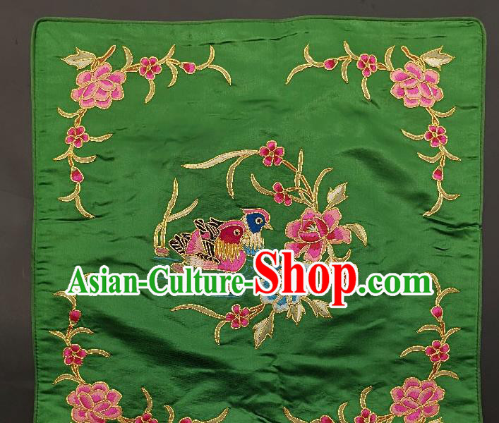 Traditional Chinese Embroidered Pink Peony Fabric Patches Handmade Embroidery Craft Accessories Embroidering Mandarin Duck Green Silk Cushion Applique