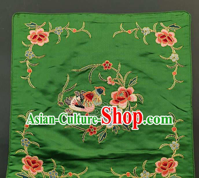 Traditional Chinese Embroidered Red Peony Fabric Patches Handmade Embroidery Craft Accessories Embroidering Mandarin Duck Green Silk Cushion Applique