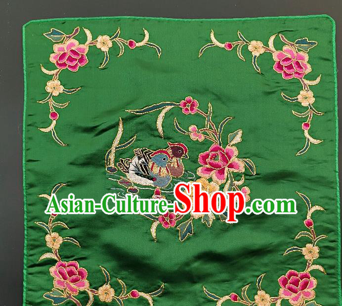 Traditional Chinese Embroidered Rosy Peony Fabric Patches Handmade Embroidery Craft Accessories Embroidering Mandarin Duck Green Silk Cushion Applique