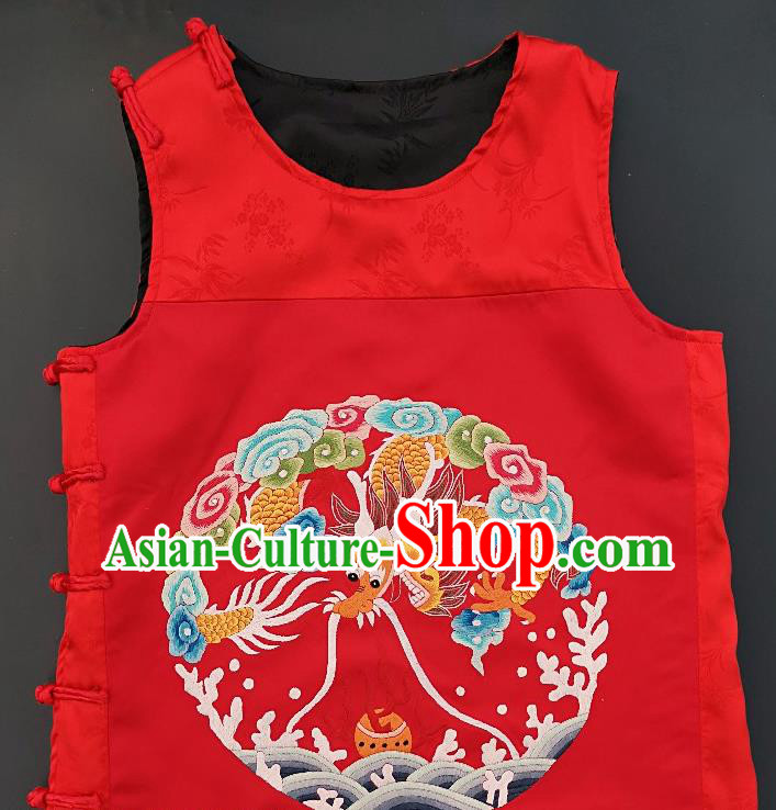 Chinese Traditional Embroidered Dragon Vest Handmade Embroidery Costume Tang Suit Red Silk Waistcoat for Men