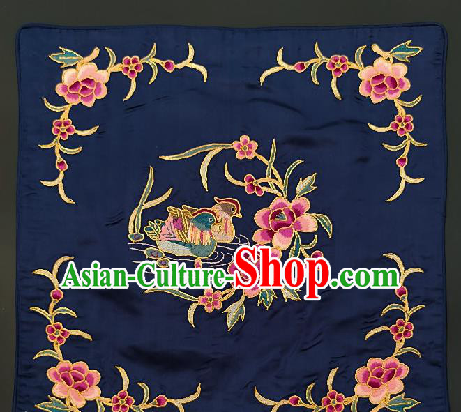 Chinese Traditional Embroidered Purple Peony Mandarin Duck Fabric Patches Handmade Embroidery Craft Embroidering Navy Silk Applique Cushion Accessories