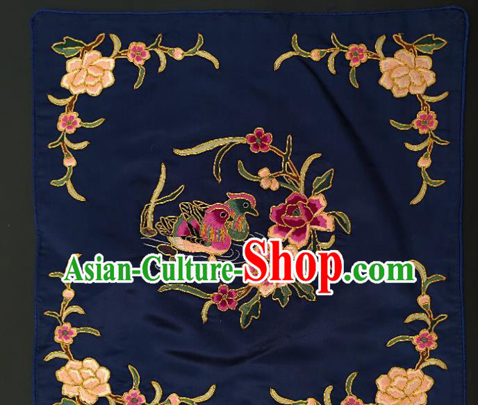 Chinese Traditional Embroidered Mandarin Duck Peony Fabric Patches Handmade Embroidery Craft Embroidering Navy Silk Applique Cushion Accessories