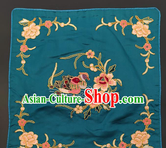 Chinese Traditional Embroidered Mandarin Duck Pink Peony Fabric Patches Handmade Embroidery Craft Embroidering Green Silk Applique Cushion Accessories