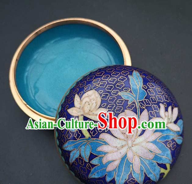 Chinese Traditional Cloisonne Lotus Pattern Rouge Box Handmade Brass Craft Enamel Royalblue Inkpad Box Accessories