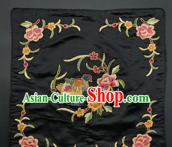 Chinese Traditional Embroidered Rosy Peony Mandarin Duck Cushion Fabric Handmade Embroidery Craft Embroidering Black Silk Applique
