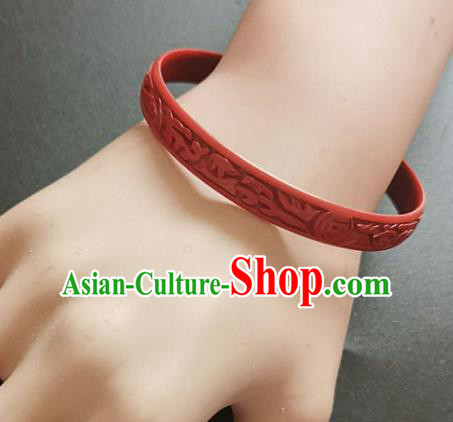 Chinese Traditional Handmade Carving Fish Dragon Craft Red Lacquerware Bracelet Accessories