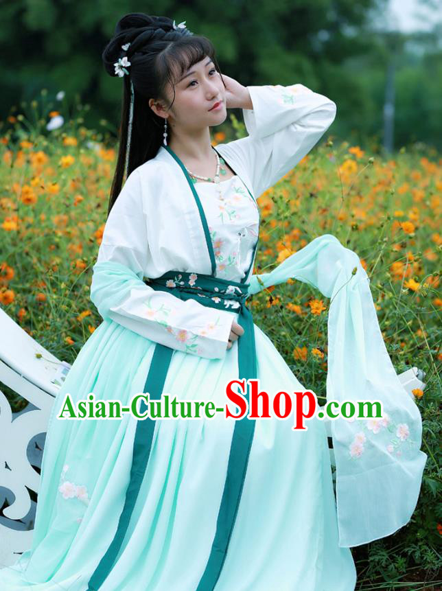 Chinese Tang Dynasty Village Girl Embroidered Costumes Traditional Ancient Young Lady Hanfu Garment Blouse and Skirt Full Set