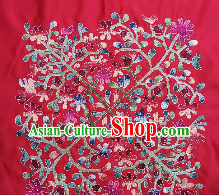 Traditional Chinese Embroidered Flowers Birds Fabric Patches Handmade Embroidery Craft Accessories Embroidering Red Silk Cushion Applique