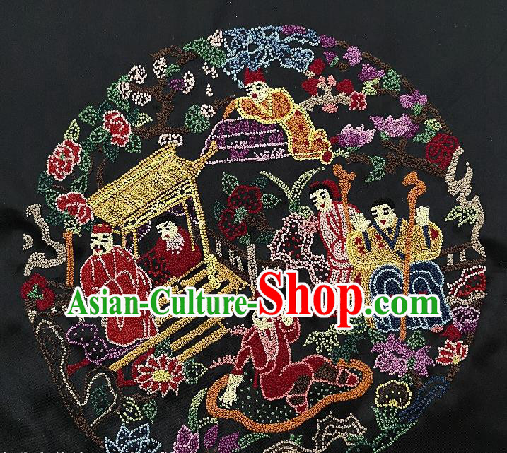 Chinese Traditional Embroidered Character Painting Handmade Embroidery Craft Embroidering Black Silk Decorative Picture