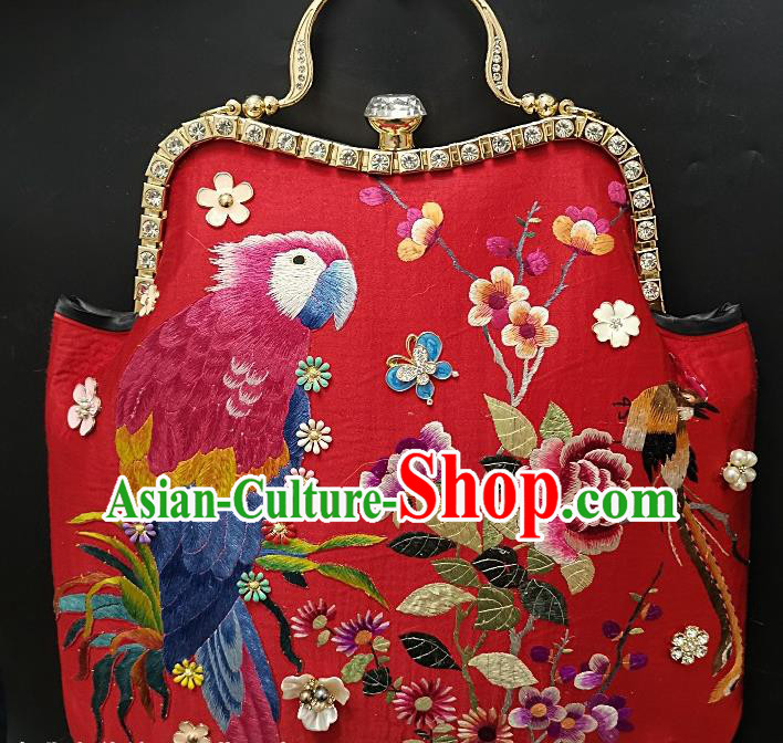 Chinese Traditional Embroidered Parrot Plum Handbag Handmade Embroidery Red Satin Bag for Women