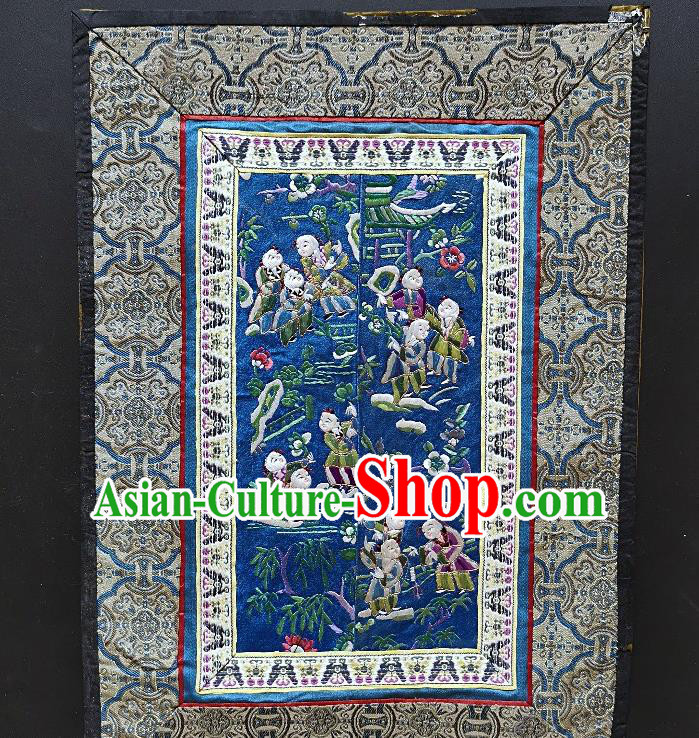 Chinese National Embroidered Boys Blue Silk Paintings Traditional Handmade Embroidery Craft Decorative Wall Picture