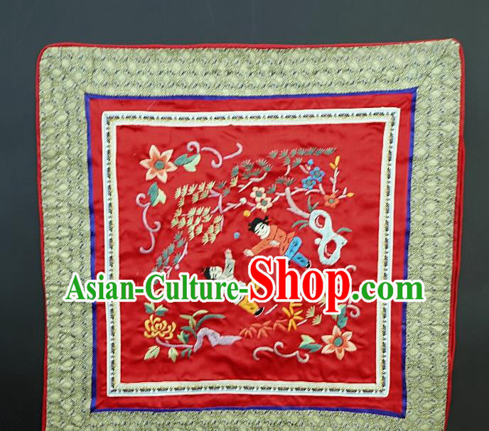 Chinese National Embroidered Red Paintings Traditional Handmade Embroidery Boys Craft Decorative White Silk Wall Picture