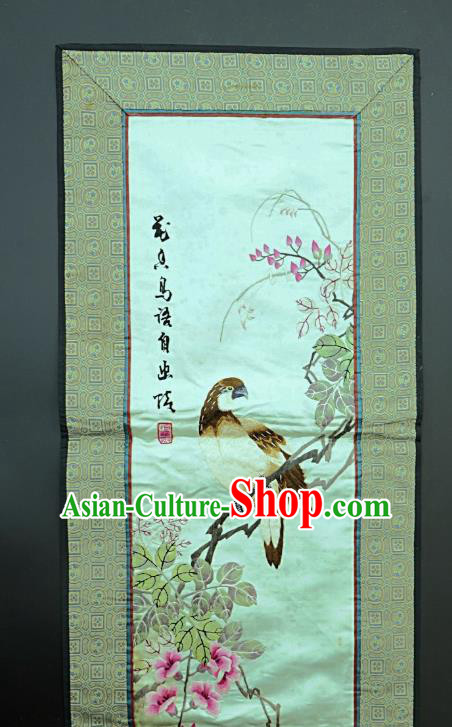 Chinese National Embroidered Flower Bird Green Silk Paintings Traditional Handmade Embroidery Craft Decorative Wall Picture