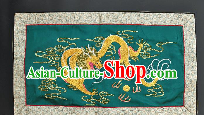 Chinese National Embroidered Golden Dragon Wall Paintings Traditional Handmade Embroidery Craft Decorative Green Silk Picture