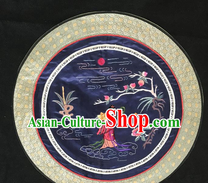Chinese National Embroidered Goddess Ma Gu Round Paintings Traditional Handmade Embroidery Decorative Navy Silk Picture Craft