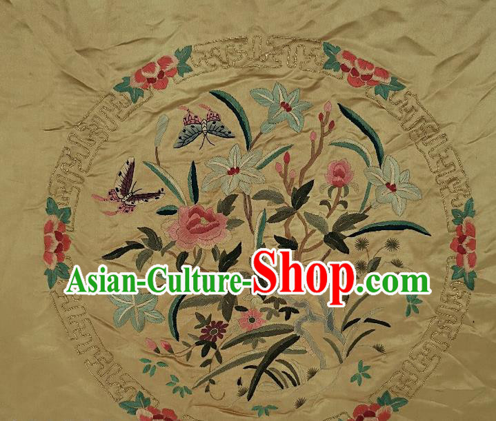 Traditional Chinese Embroidered Orchids Yellow Silk Patches Handmade Embroidery Craft Accessories Embroidering Dress Fabric Round Applique