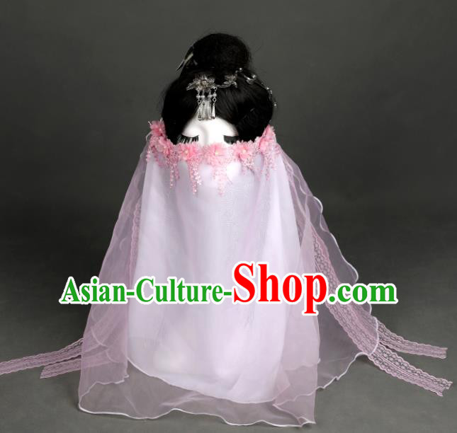 Chinese Traditional Ancient Swordswoman Pink Flowers Mask Headwear Handmade Princess Hanfu Face Veil
