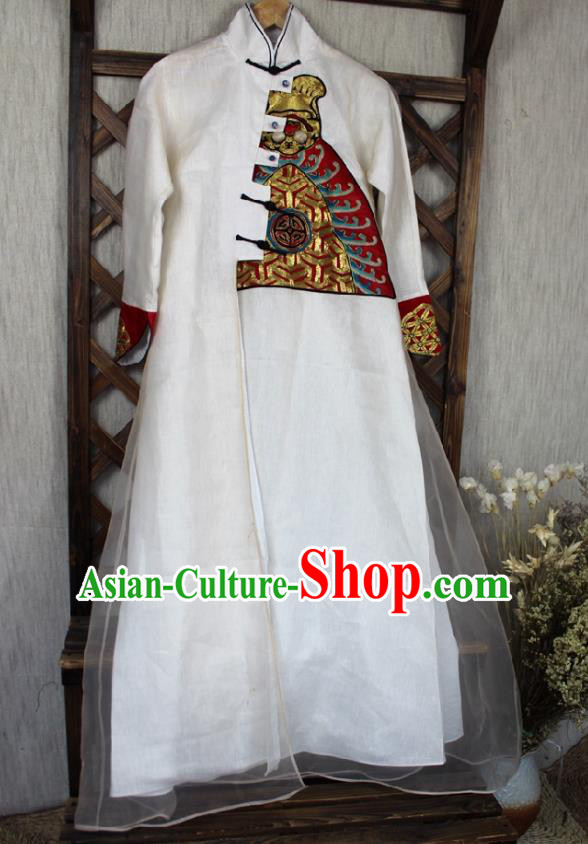 Traditional Chinese Embroidered Phoenix White Cheongsam National Costume Republic of China Stand Collar Organza Qipao Dress for Women