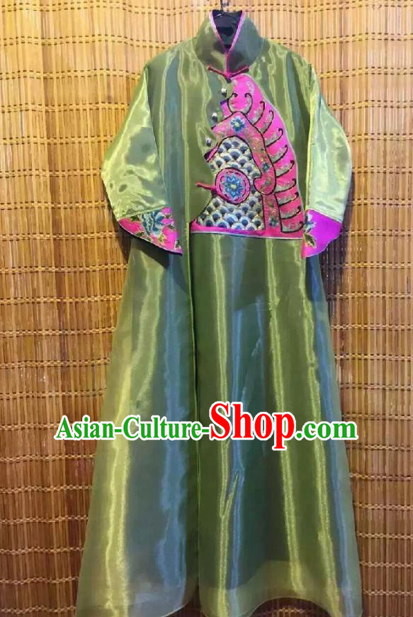 Traditional Chinese Embroidered Green Organza Cheongsam National Costume Republic of China Stand Collar Qipao Dress for Women