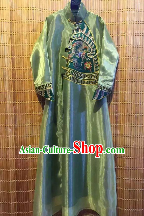 Traditional Chinese Embroidered Dragon Green Organza Cheongsam National Costume Republic of China Stand Collar Qipao Dress for Women