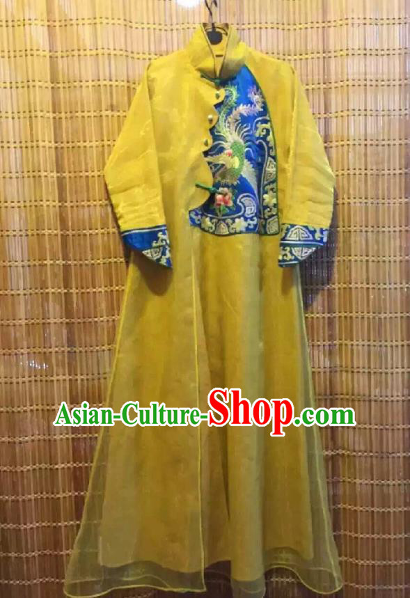 Traditional Chinese Embroidered Phoenix Yellow Organza Cheongsam National Costume Republic of China Stand Collar Qipao Dress for Women