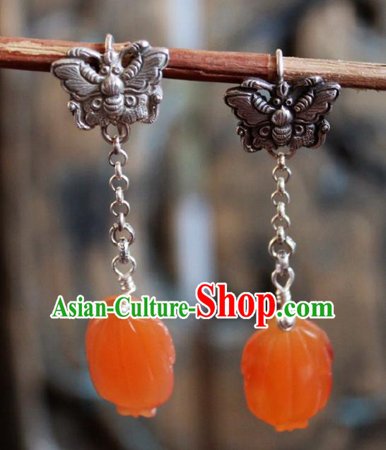 Chinese Handmade Silver Carving Butterfly Ear Accessories Traditional Ethnic Pumpkin Earrings for Women