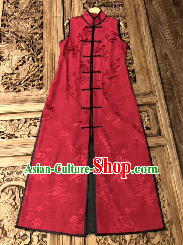 Traditional Chinese Red Silk Long Vest National Costume Republic of China Stand Collar Dress for Women