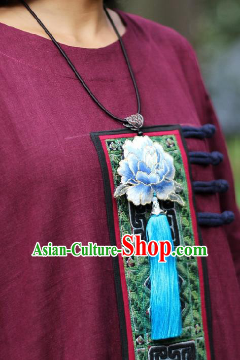 Chinese Handmade Miao Nationality Embroidered Blue Peony Necklet Accessories Traditional Minority Ethnic Tassel Necklace for Women