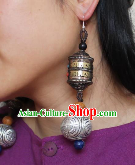 Chinese Handmade Miao Nationality Prayer Wheel Earrings Traditional Minority Ethnic Carving Silver Ball Ear Accessories for Women
