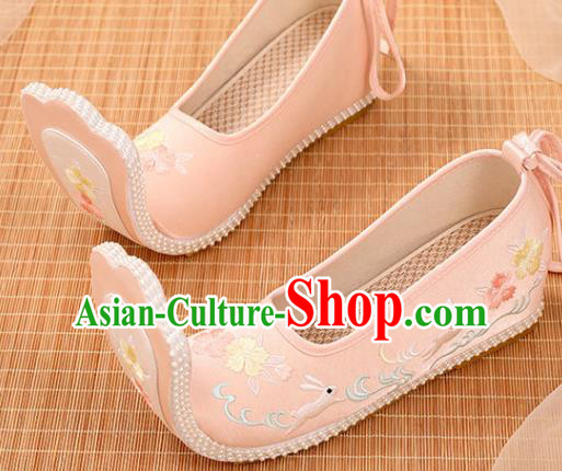 Chinese Ancient Princess Pink Satin Embroidered Shoes Court Women Shoes Handmade Palace Lady Shoes Embroidery Rabbit Shoes