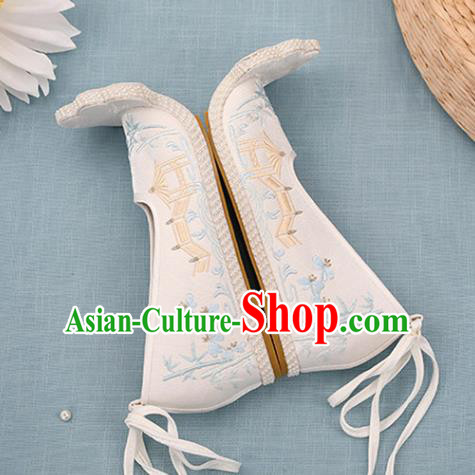 Chinese Ancient Court Women White Embroidered Shoes Princess Satin Shoes Handmade Palace Lady Shoes Embroidery Bamboo Bridge Shoes