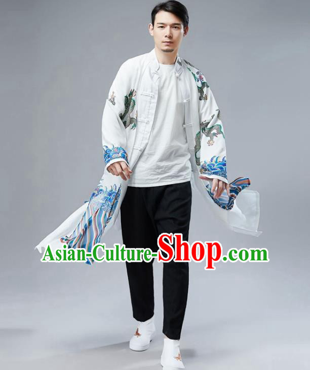 Chinese National Printing Dragon White Chiffon Coat Traditional Tang Suit Outer Garment Overcoat Costume for Men