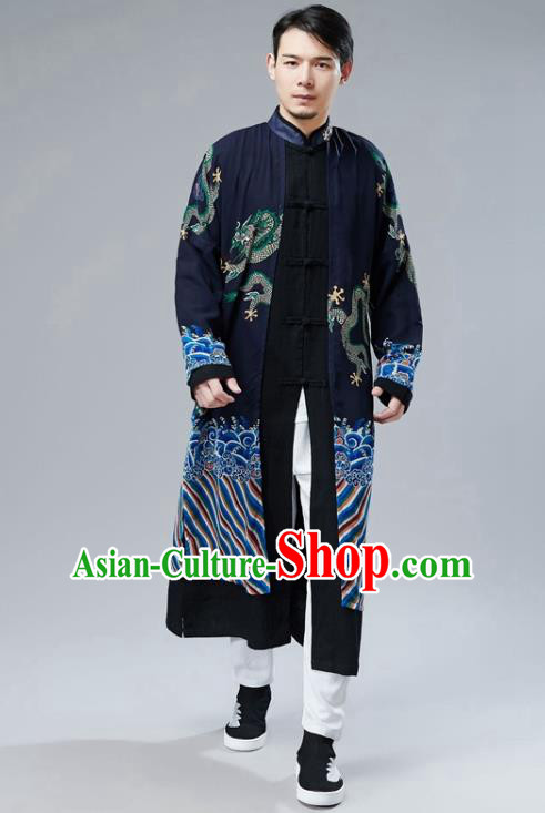 Chinese National Printing Dragon Navy Chiffon Coat Traditional Tang Suit Outer Garment Overcoat Costume for Men