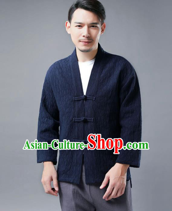 Chinese National Navy Flax Jacket Traditional Tang Suit Outer Garment Overcoat Costume Coat for Men