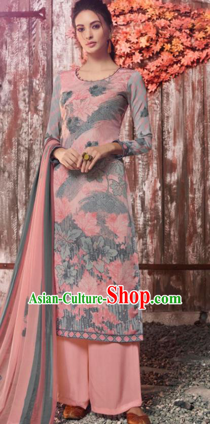 Asian India National Costumes Asia Indian Traditional Printing Leaf Pink Crepe Dress Sari and Loose Pants for Women