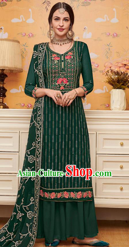 Asian India National Embroidered Punjab Costumes Asia Indian Traditional Green Faux Georgette Dress Sari and Loose Pants for Women