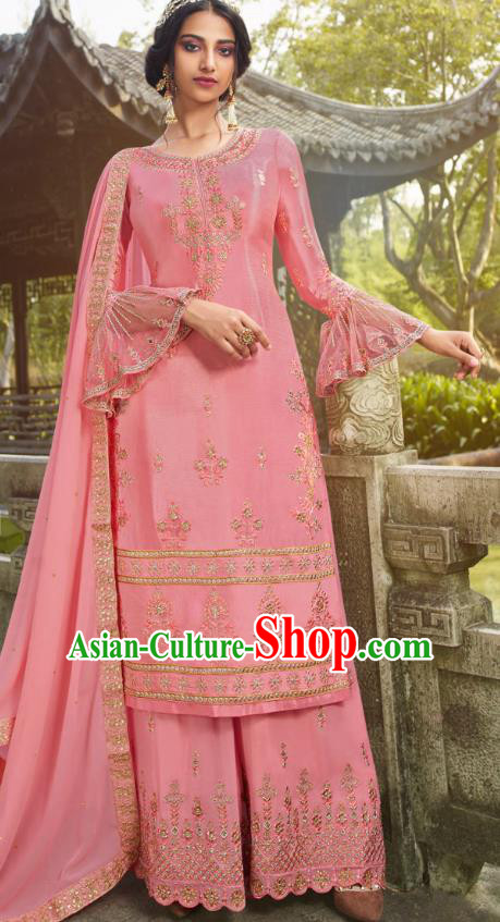 Asian India National Punjab Costumes Asia Indian Traditional Embroidered Peach Pink Dress Sari and Loose Pants for Women