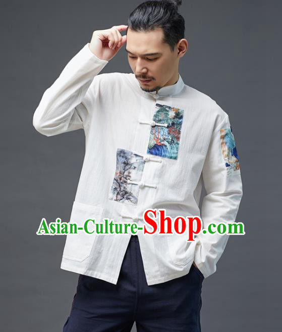 Chinese National Men Linen Shirt Traditional Tang Suit Costume Upper Outer Garment Overshirt
