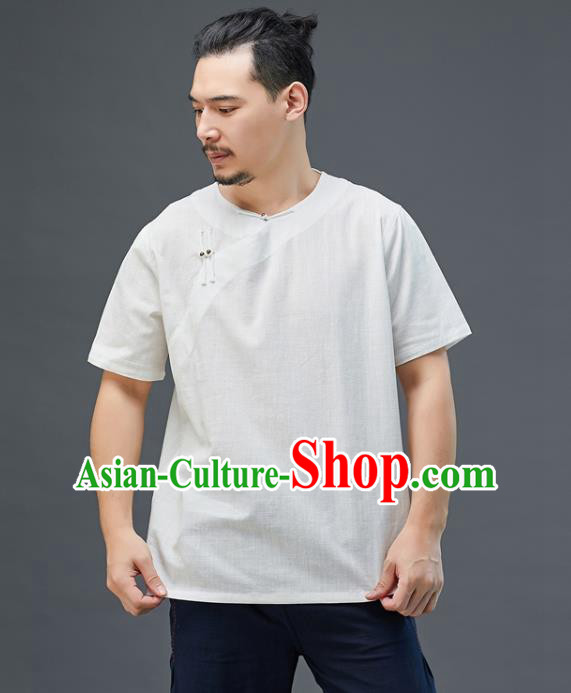 Chinese National White Linen Short Sleeve Shirt Traditional Tang Suit Upper Outer Garment Costume for Men