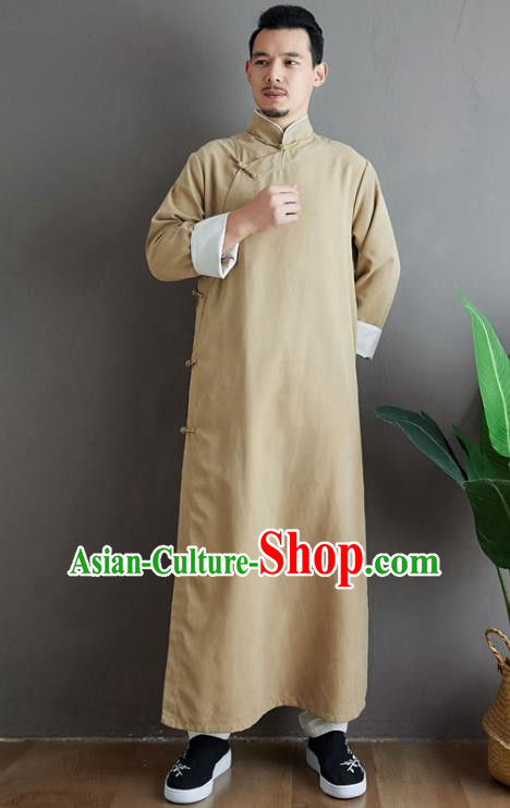 Republic of China National Beige Robe Traditional Tang Suit Costume Comic Dialogue Long Gown for Men