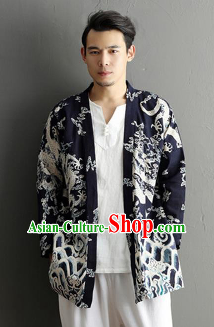 Chinese National Printing Dragon Navy Flax Cardigan Traditional Tang Suit Outer Garment Jacket Costume for Men