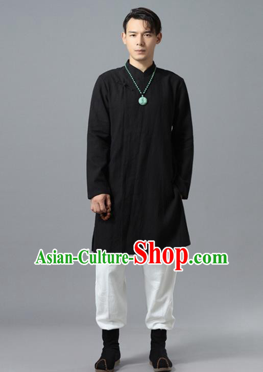 Chinese National Black Flax Coat Traditional Tang Suit Outer Garment Overcoat Costume for Men