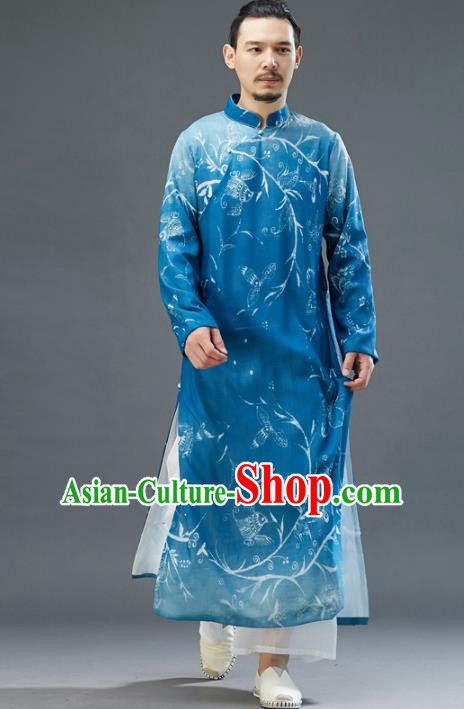 Republic of China National Blue Chiffon Robe Traditional Tang Suit Costume Printing Long Gown for Men