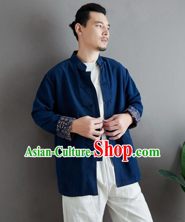 Chinese National Navy Linen Coat Traditional Tang Suit Upper Outer Garment Jacket Costume for Men