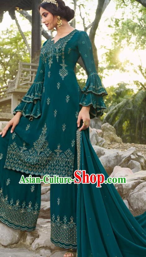 Asian India National Punjab Costumes Asia Indian Traditional Embroidered Deep Green Dress Sari and Loose Pants for Women